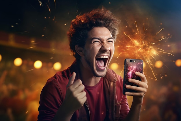 Foto homem entusiasmado ganha aposta em aplicativo de esportes móvel