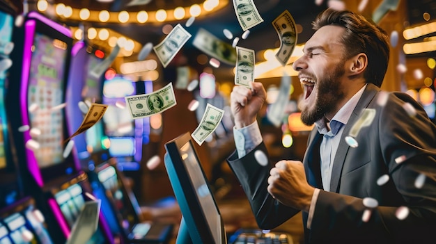 Homem entusiasmado ganhando o jackpot no cassino dinheiro voando em torno da vida noturna vibrante e conceito de entretenimento alegre patrono do cassino celebrando a vitória AI
