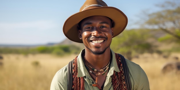 Homem entusiasmado incorpora aventura no conceito turístico de roupa e chapéu