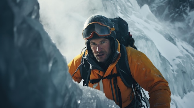 Homem escalando montanha coberta de neve gerada por IA