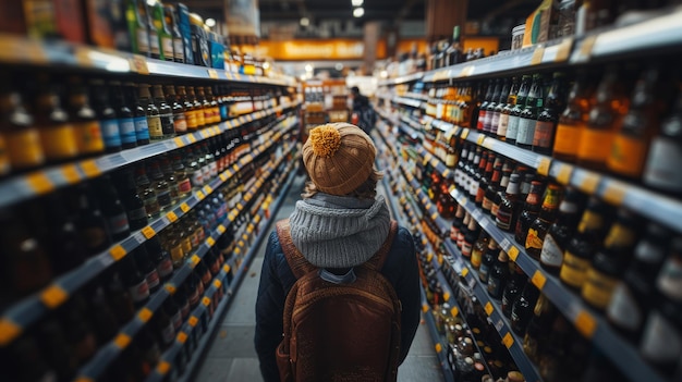 Homem escolhe cerveja da vasta seleção de bebidas alcoólicas do supermercado