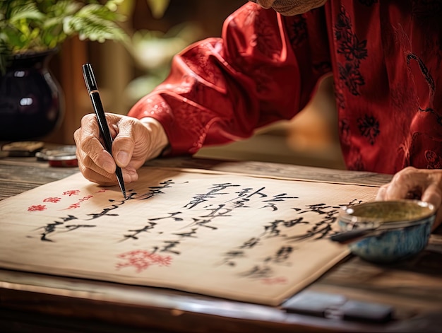 Homem escrevendo em chinês em uma folha de arroz