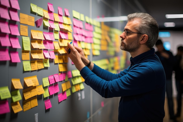 Homem escrevendo em uma parede coberta com post-it, organizando pensamentos e ideias Gerente de projeto revisando histórias de usuários com designers e desenvolvedores IA gerada