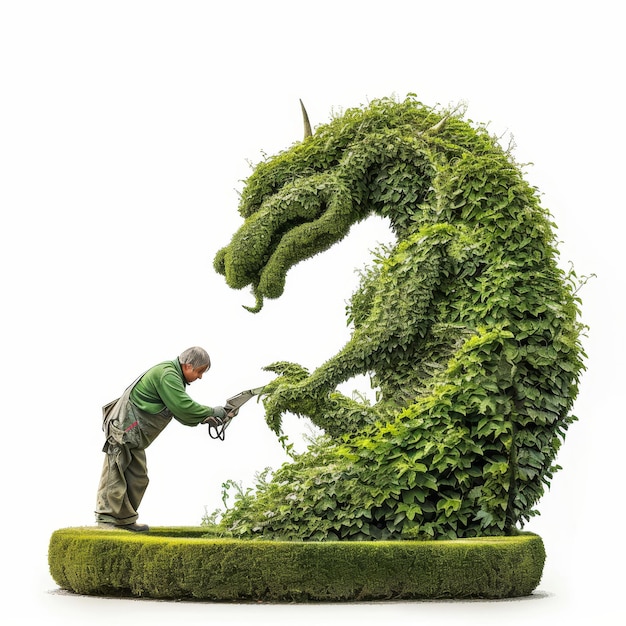 Homem esculpindo dragão A arte e habilidade de uma escultura em andamento