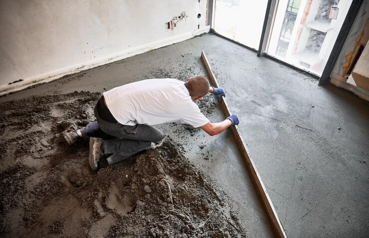 Foto homem esfregando o chão do apartamento durante a renovação