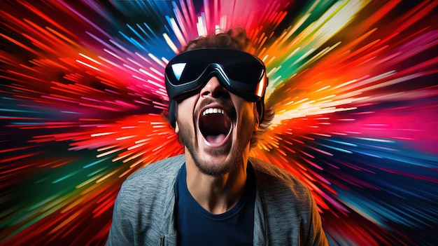Foto homem espantado e encantado usando óculos de realidade virtual futurista