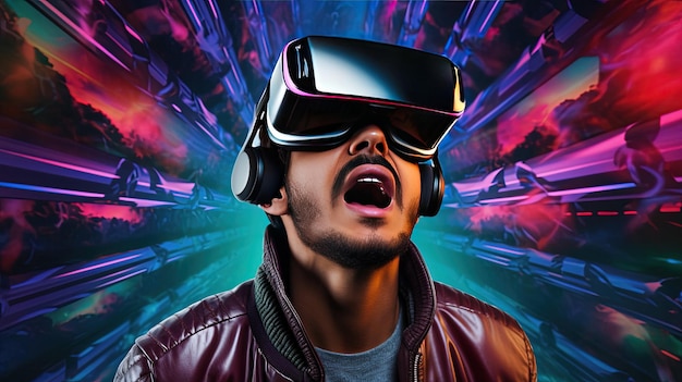 Homem espantado e encantado usando óculos de realidade virtual futurista