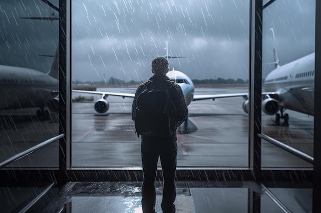 Homem esperando por voo atrasado olhando pela janela do aeroporto para avião sob chuva forte