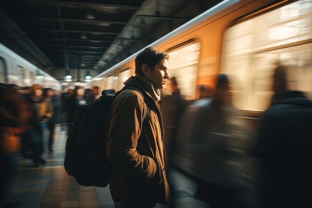 Homem esperando trem no metrô em movimento rápido IA generativa