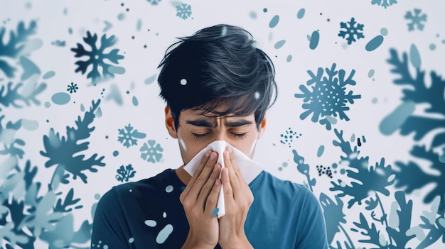 Homem espirrando em um lenço Homem doente espirrar Conceito de alergia sazonal Ilustração moderna
