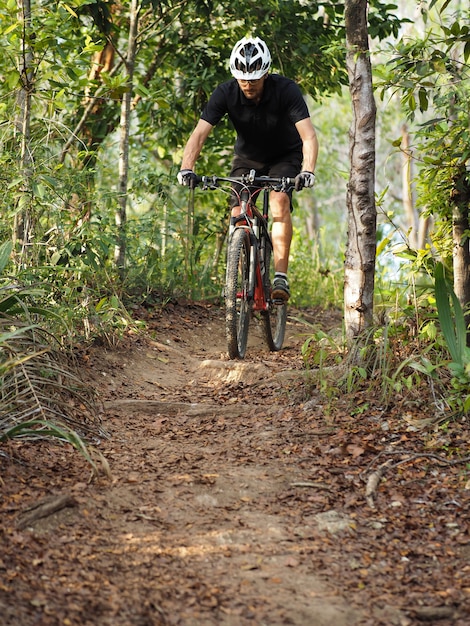 Homem esportista andando de bicicleta ao longo da estrada da floresta.