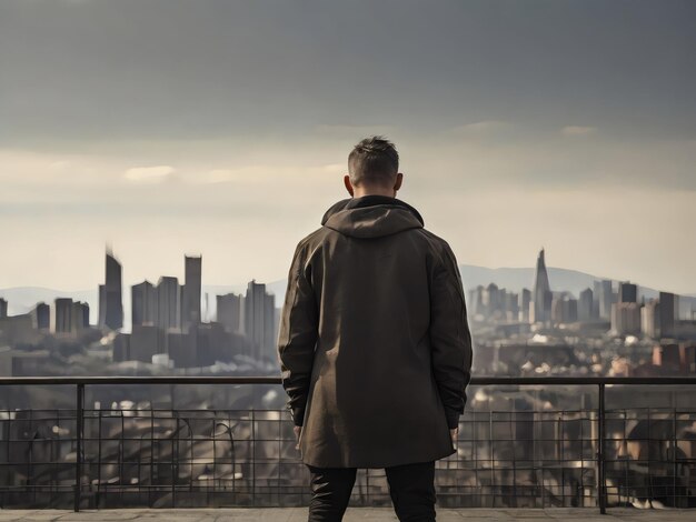 Foto homem está em um telhado olhando para uma paisagem urbana