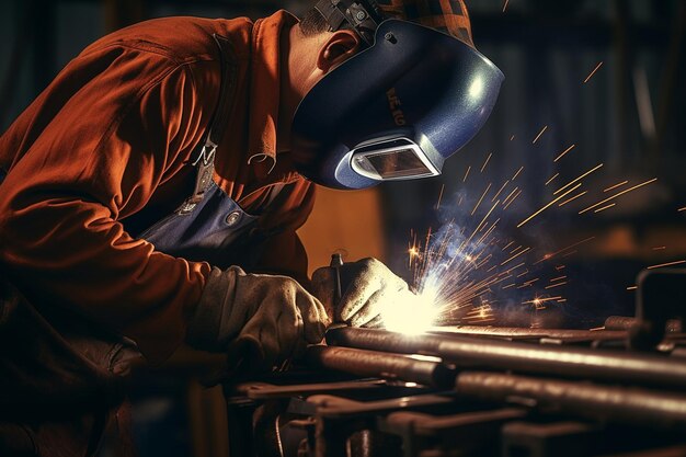 Foto homem está trabalhando em uma fábrica de metal. ele está soldando um pedaço de trilho usando ferramentas especiais.