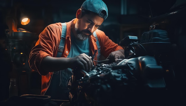 homem está trabalhando sob o motor de um carro