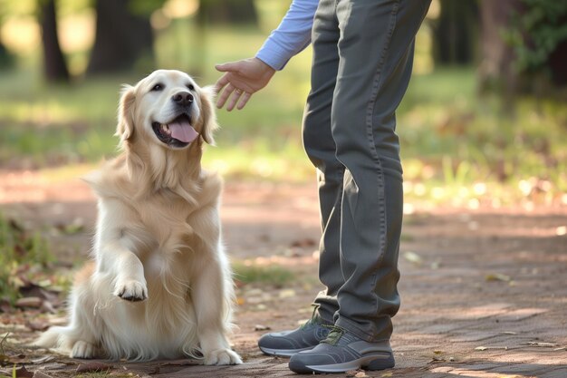 Homem estendendo a mão para um golden retriever sentado em um parque