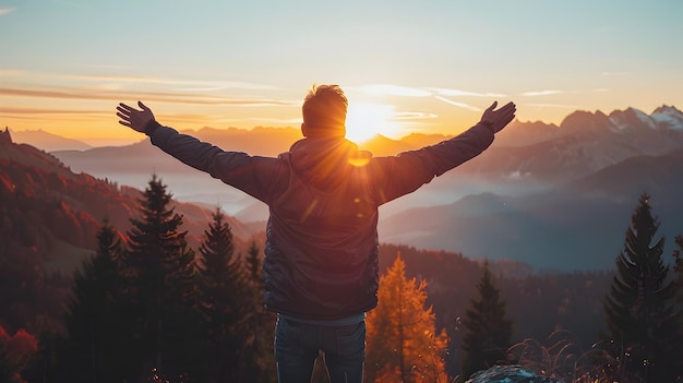 Homem estético do Y2K a celebrar o pôr-do-sol nas colinas