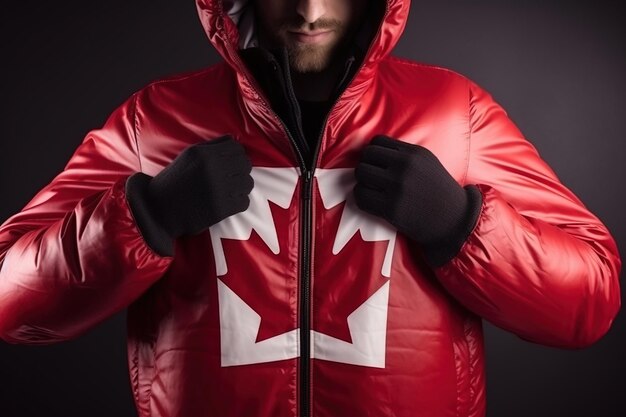 Foto homem esticando a jaqueta para revelar a camisa com a bandeira do canadá estampada