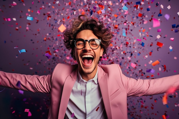 Homem estiloso celebrando um evento com confetes caindo no fundo