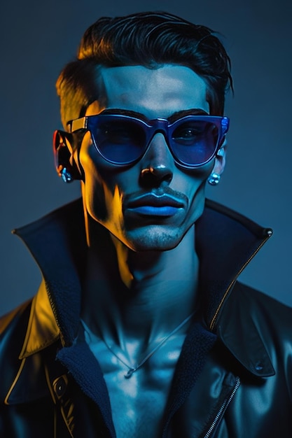 Homem estiloso com óculos escuros e roupas com detalhes azuis Generative AI