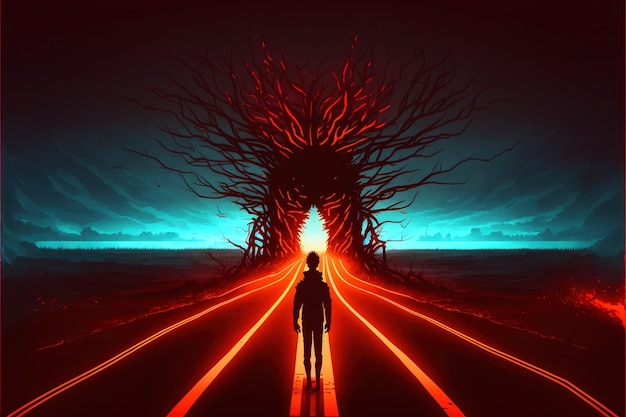 Homem estranho parado na estrada O homem parado em uma estrada cheia de árvores malignas A floresta maligna parece pintura de ilustração de estilo de arte digital assustadora