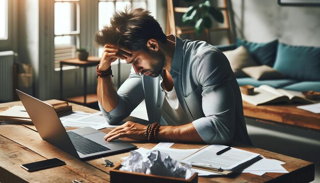 Homem estressado no escritório em casa com laptop e papéis