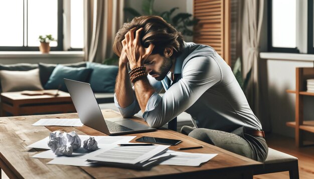 Homem estressado no escritório em casa com laptop e papéis