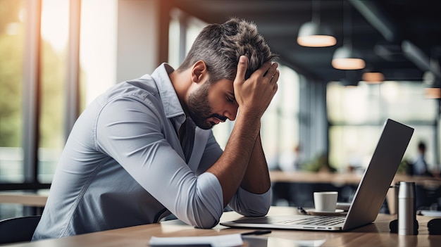 Homem estressado sentado à mesa com a cabeça nas mãos