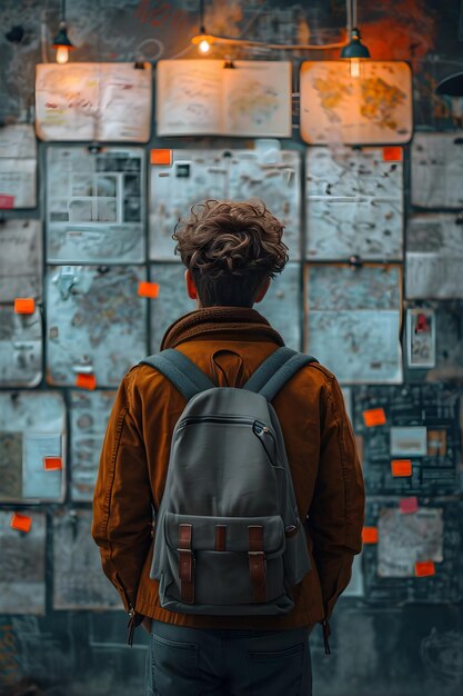 Foto homem estudando mapas em uma parede