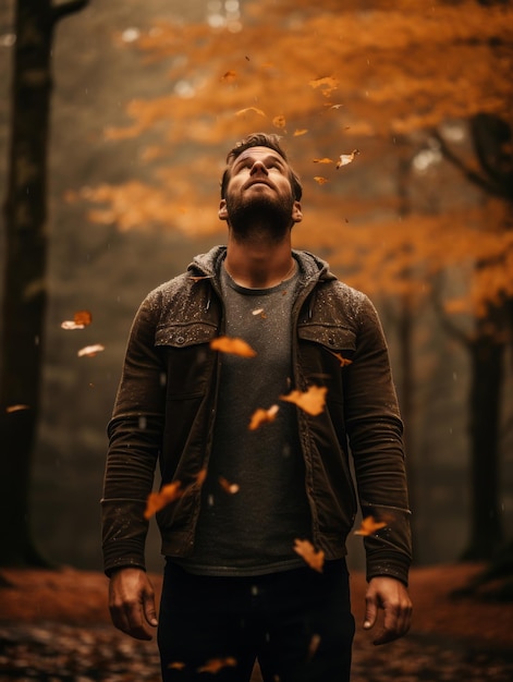 Homem europeu em pose dinâmica emocional em fundo de outono