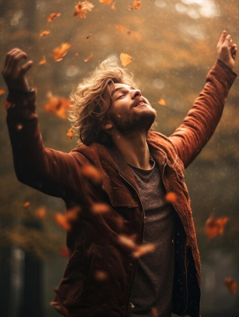 Foto homem europeu em pose dinâmica emocional em fundo de outono