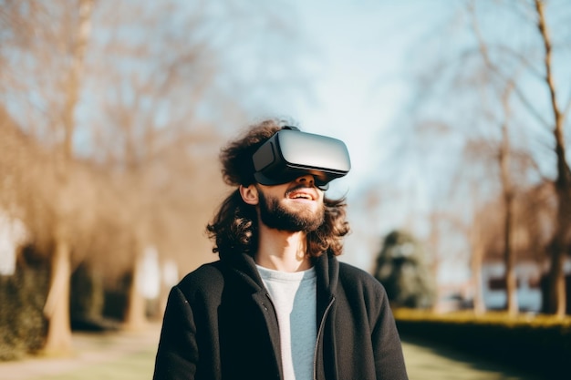 Homem europeu estudante ao ar livre usa tecnologia de computador uso masculino vr headset realidade virtual