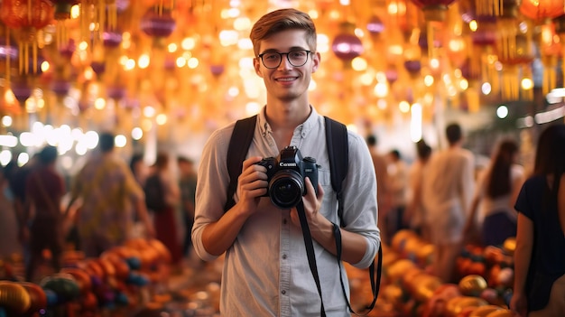 Homem europeu moderno segurando câmera Tailândia durante uma festa