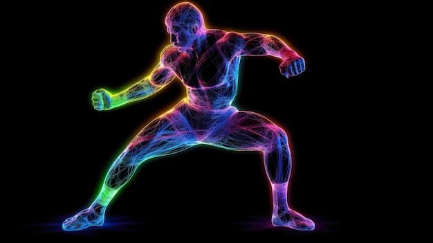 Homem exercitando boxe Contorno ilustração cores neon no fundo preto AIgenerated
