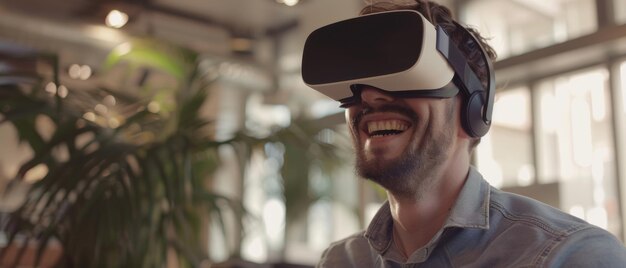 Homem experimentando a realidade virtual imerso num mundo digital interativo