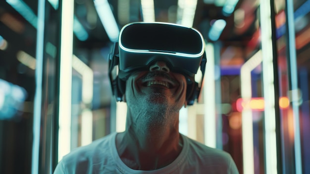 Homem explora reinos virtuais imerso em uma experiência de VR iluminada por néon