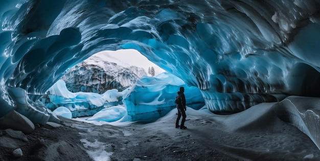 Foto homem explorando uma incrível caverna glacial na islândia