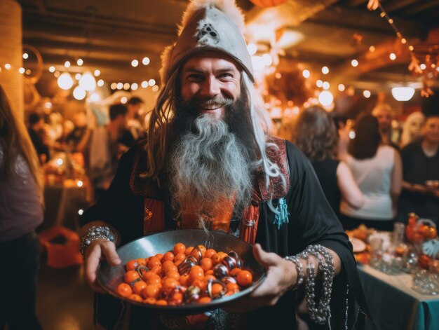 Homem fantasiado de Halloween segurando uma tigela de doces com um sorriso travesso