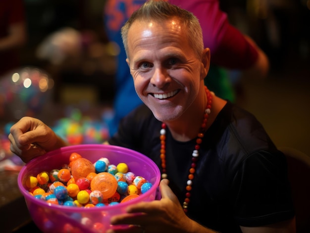 Homem fantasiado de Halloween segurando uma tigela de doces com um sorriso travesso