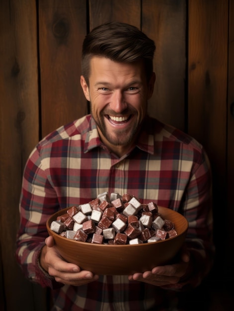 Foto homem fantasiado de halloween segurando uma tigela de doces com um sorriso travesso