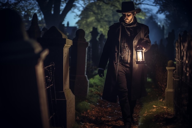Homem fantasmagórico escuro com lanterna no cemitério à noite IA geradora