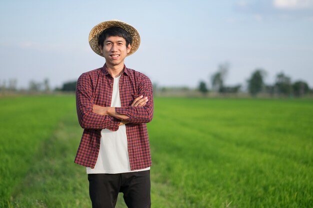 Homem fazendeiro asiático sorrindo e cruzando os braços em uma fazenda de arroz verde