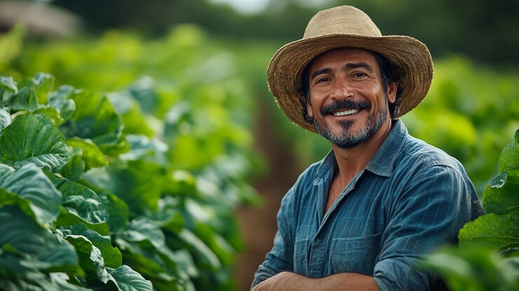 Foto homem fazendeiro caminhando na plantação na fazenda