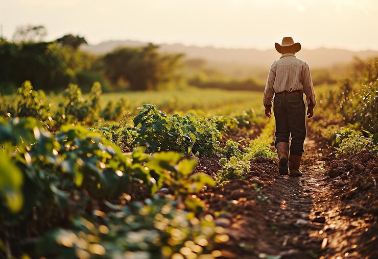 Foto homem fazendeiro caminhando na plantação na fazenda