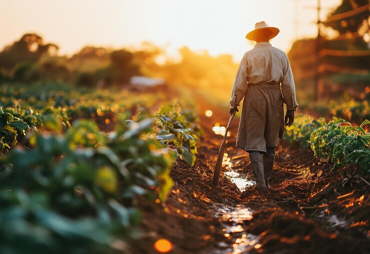 Foto homem fazendeiro caminhando na plantação na fazenda