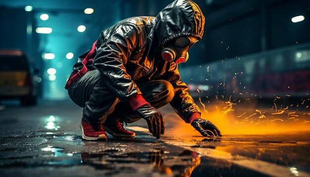 Homem fazendo arte de graffiti cyberpunk com tinta em spray na rua