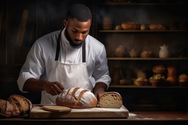 Homem fazendo pão em avental