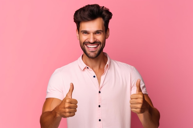 Homem fazendo sinal de positivo enquanto está em frente a um fundo rosa Generative AI