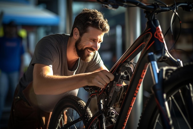 Homem feliz a consertar uma bicicleta num suporte de bicicletas com IA generativa