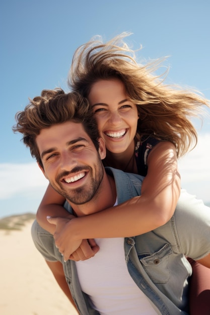 Foto homem feliz a dar boleia a uma mulher na praia jovens cheios de alegria em férias ia generativa