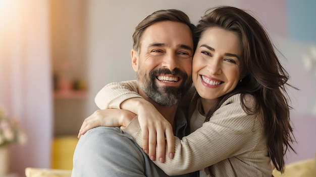 Homem feliz abraçando namorada retrato de casal caucasiano sorrindo um para o outro